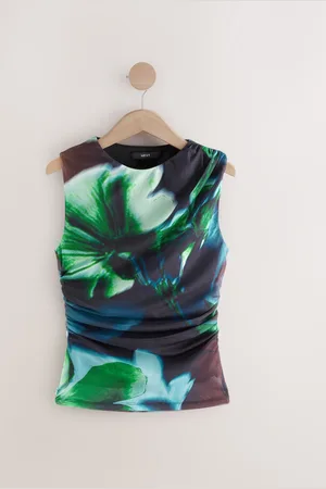 Next Green/ Abstract Floral Sleeveless Ruched Mesh Top