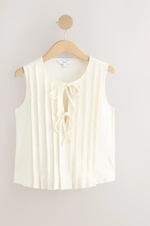 Next Ecru Pintuck Sleeveless Tie Front 100% Cotton Top
