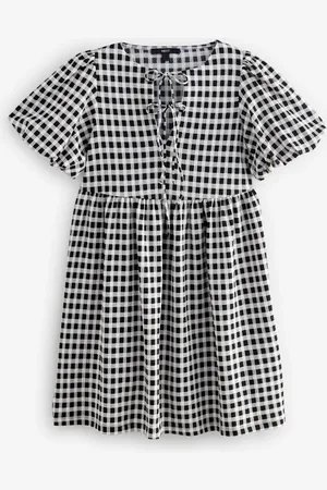 Next And White Gingham Check Textured Jersey Puff Sleeves Tie Front Detail Mini Dress