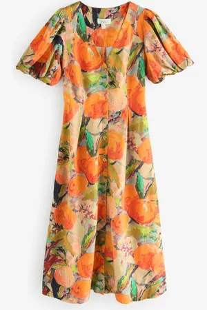 Next Bright Orange Fruit Print Button Down Puff Sleeve Midi Dress with Linen