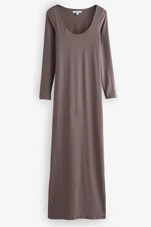 Next Taupe Long Sleeve Scoop Bodycon Soft Touch Polyamide Midi Dress