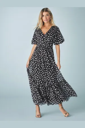 Next White Polka Dot Print Mesh Pleated Puff Sleeve Waist Detail Occasion Midi Dress