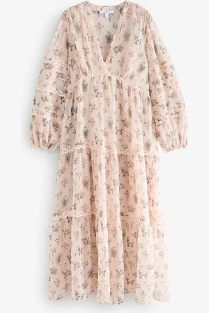 Next Ditsy Floral Long Sleeve V-Neck Tiered Sheer Lace Boho Midi Dress