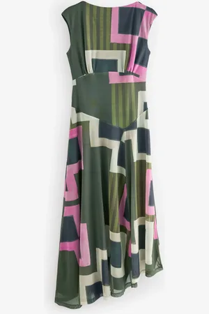 Next Green/ Geo Print Mesh Midi Short Sleeve Asymetric Hem Dress
