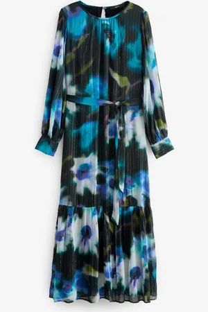 Next Navy/ Smudge Metallic Long Sleeve Crinkle Tie Waist Maxi Dress