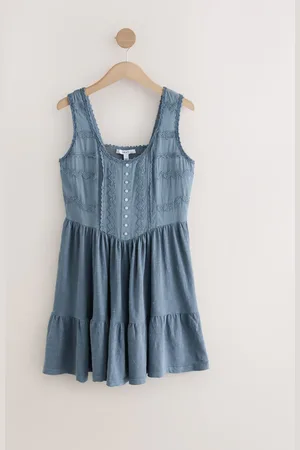 Next Washed Indigo Embroidery Corset Waist Mini 100% Cotton Dress