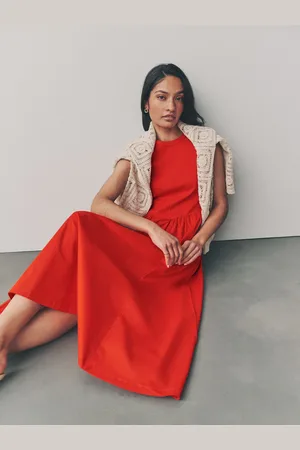 Next Red Woven Jersey Mix Sleeveless Racer Ribbed Midi Dress