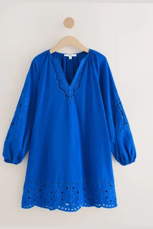 Next Cobalt Long Sleeve Broderie Summer Mini Dress