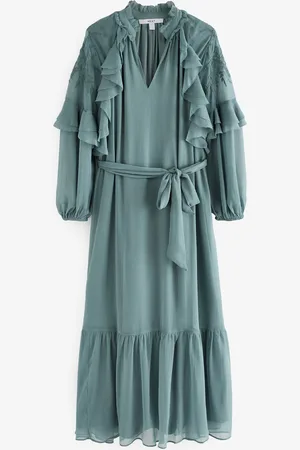 Next Dusky Long Sleeve Tie Waist Ruffle Embroidered Maxi Dress