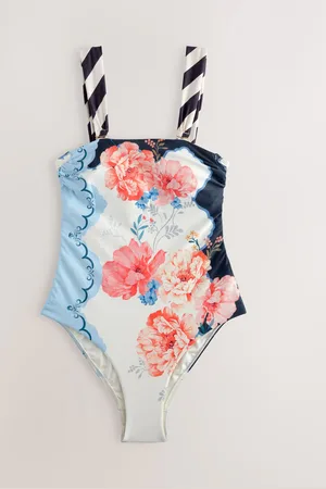 Next /Cream/Coral Floral Print Tummy Control Contrast Strap Bandeau Swimsuit