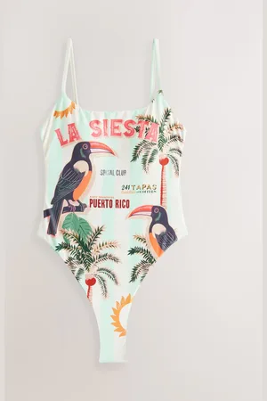 Next /Cream Stripe Palm Tummy Control High Leg Scoop Swimsuit