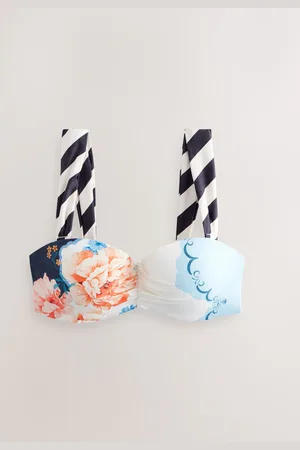 Next /Cream/Coral Floral Wired Bandeau Bikini Top