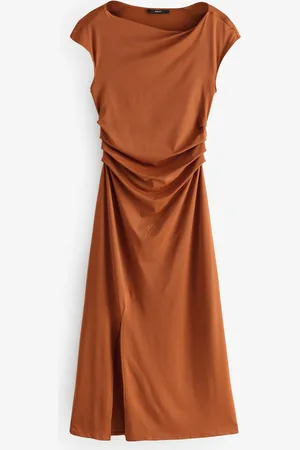 Next Rust Polyamide Slinky Ruched Off The Shoulder Midi Dress