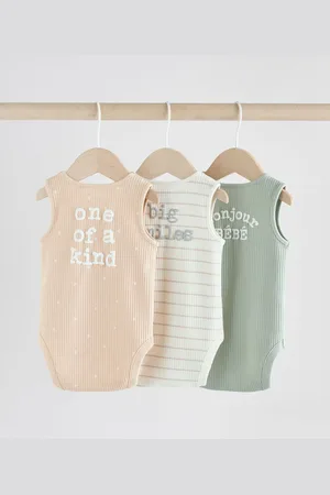 Next Neutral Brown/ Mint Slogan Baby Vest Bodysuits 3 Pack
