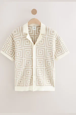 Next Relaxed Fit Short Sleeve Geometric Pattern Knit Shirt with Cuban Collar