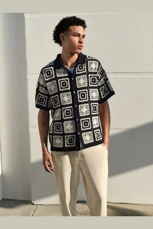 Next /Ecru White Relaxed Fit Cotton Rich Short Sleeve Knit Crochet Pattern Shirt