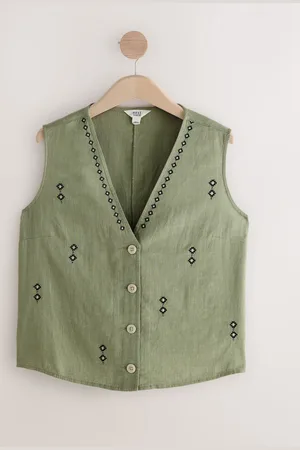 Next Khaki Embroidered Button Down Sleeveless Waistcoat With Linen