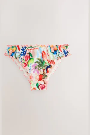 Next Bright Fruit/Tropical Print Contrast Frill High Leg Brazilian Bikini Bottoms