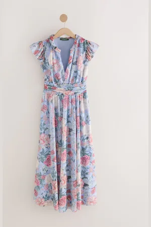 Next Floral Kew Collection Pleated Mesh Print V-Neck Occasion Midi Dress