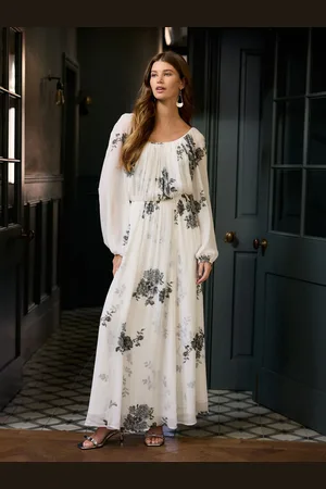 Next White/ Floral Long Sleeve Pleated Maxi Dress