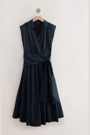 Next Blue Cap Sleeve Tie Waist Shirt 100% Cotton Dress