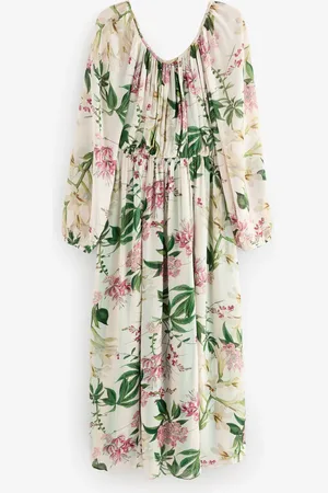 Next Kew Collection Cream And Green/ Floral Long Sleeve Pleated Maxi Dress