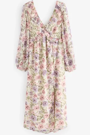 Next /Purple Vintage Floral Long Sleeve Tie Back Floral Midi Dress