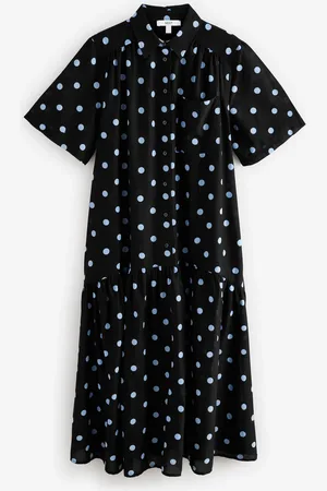 Next And Blue Spot Print Short Sleeve Drop Waist 100% Cotton Maxi Shirt Dress
