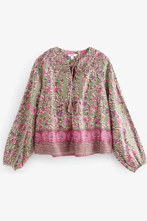 Next Green/ Floral Border Print Long Sleeve Pintuck Tie Neck 100% Cotton Blouse