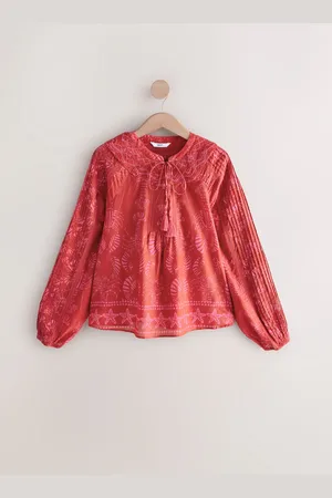 Next Red/ Lobster Border Print Long Sleeve Pintuck Tie Neck 100% Cotton Blouse