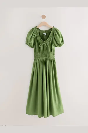 Next Olive Puff Sleeve Seersucker Midi Summer Dress