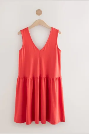 Next Bright Red 100% Cotton V-Neck Jersey Mini Summer Dress