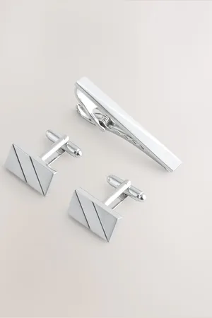 Next Tone Brushed Metal Cufflink and Tie Clip Set
