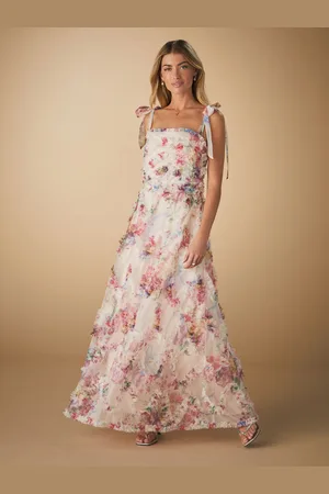 Next Blush Floral Occasion Mesh 3D Ruffle Tie Strap Maxi Dress