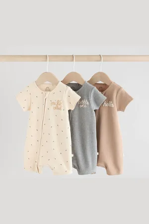 Next /Tan 3 Pack Two Way Zip Baby 100% Cotton Rompers (0mths-3yrs)