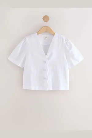 Next Linen Blend Scallop Button Down Short Sleeve Blouse