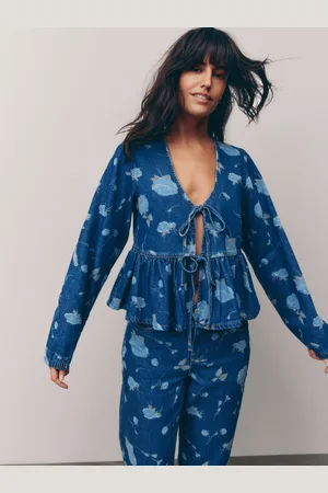 Next Dark Floral Printed Tie Front Denim 100% Cotton Blouse