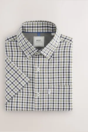 Next / Neutral Gingham Check Easy Iron Button Down Short Sleeve Oxford Shirt