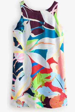 Next And Bright Abstract Floral Linen Scoop Back Mini Shift Dress