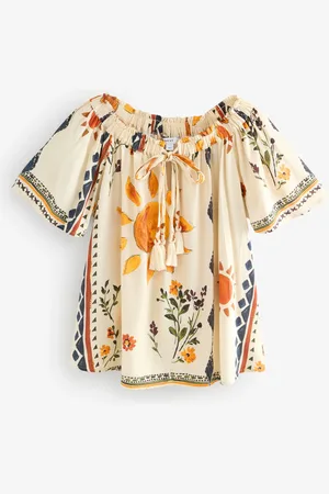 Next Abstract Sunshine Short Sleeve Tie Neck Bardot Top