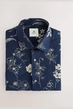 Next /Neutral Floral Print Regular Fit Short Sleeve Seersucker Shirt