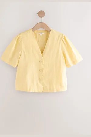 Next Lemon Yellow Linen Blend Scallop Button Down Short Sleeve Blouse
