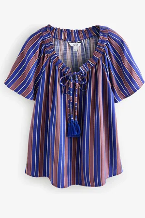 Next /Purple Stripe Short Sleeve Tie Neck Bardot Top