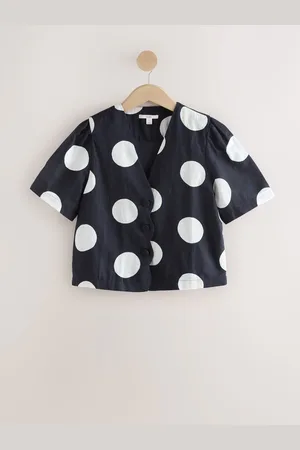 Next Blue/White Spot Linen Blend Scallop Button Down Short Sleeve Blouse