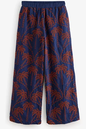 Next Brown/ Embroidered Palm Print Wide Leg Trousers