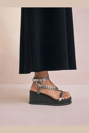 Next Pewter Forever Comfort Leather Square Toe Hardware Detail Strappy Wedges