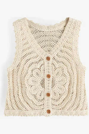 Next Ecru 100% Cotton Floral Crochet Button Up Waistcoat