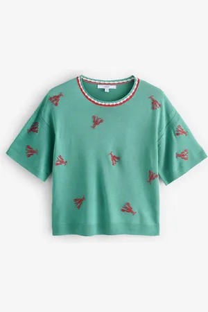 Next Teal Lobster Short Sleeve Crew Neck T-Shirt With Linen