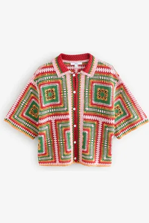 Next Bright Multi Square Crochet Short Sleeve Co-Ord Shirt