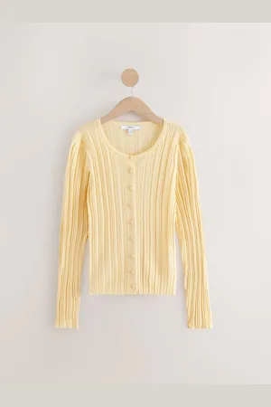 Next Yellow Fine Knit Ribbed Button Up Co-Ord Cardigan